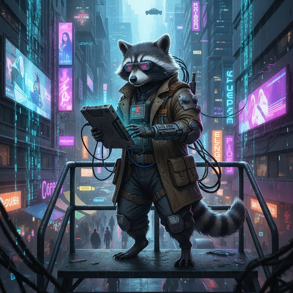 Cyberpunk Raccoon Decker in Neon Cityscape