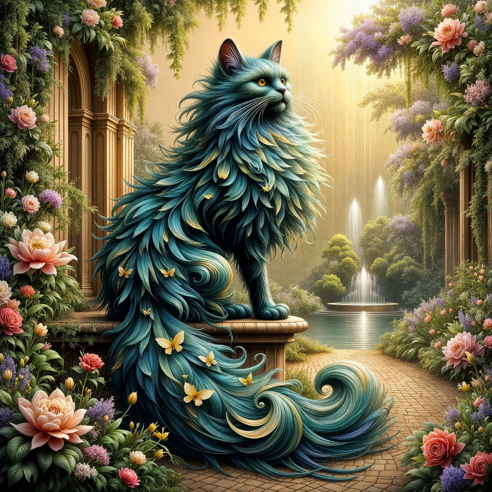 Peacock Feather Persian Cat Sculpture in Art Deco Style