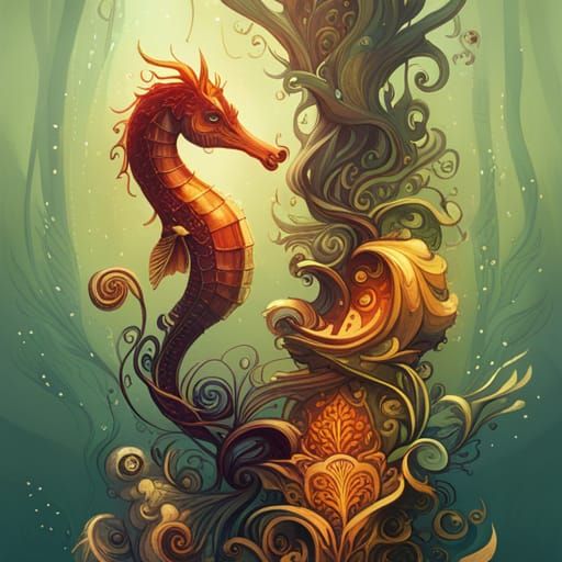 Luminous Seahorse with Golden Outlines Digital Painting