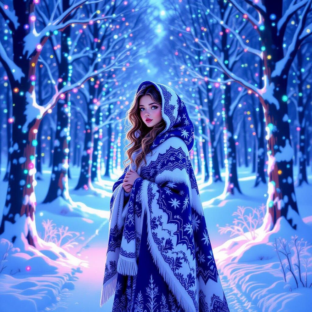 Magical Winter Forest Girl in Neon Light