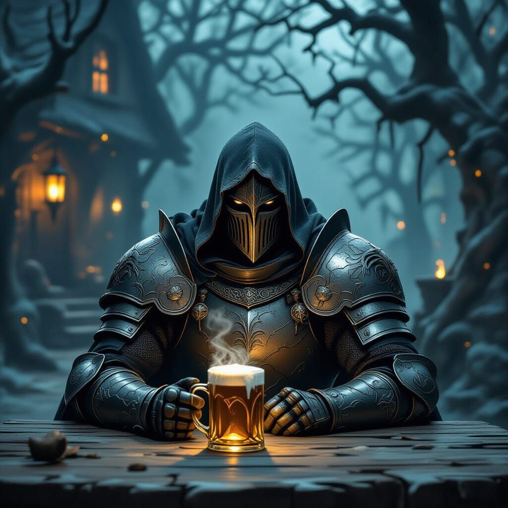 Knight in Armor at Tavern, Dark Fantasy Art