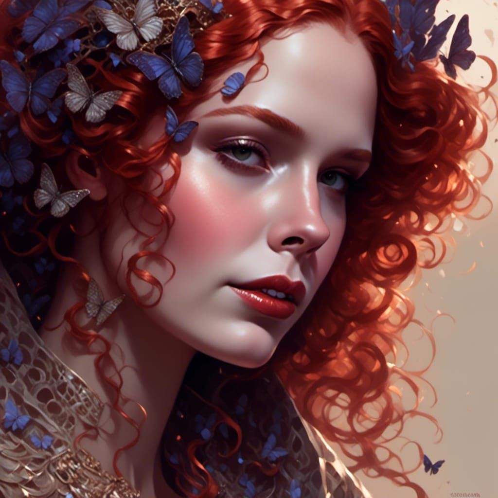 Red-Headed Goddess with Butterfly Wings in Lace Dress