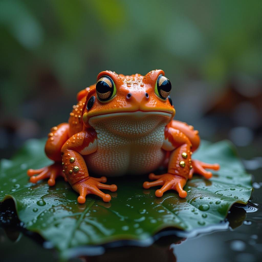 Beaded Golden Toad on Dewy Leaf