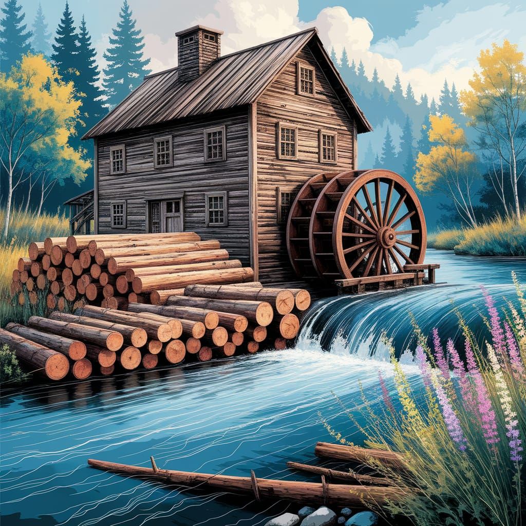 Vintage Lumbermill Scene by a River with Spinning Water Whee...