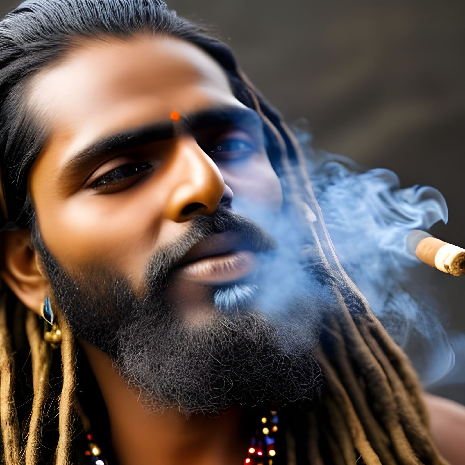 Intense Portrait of Young Man Smoking Chillum