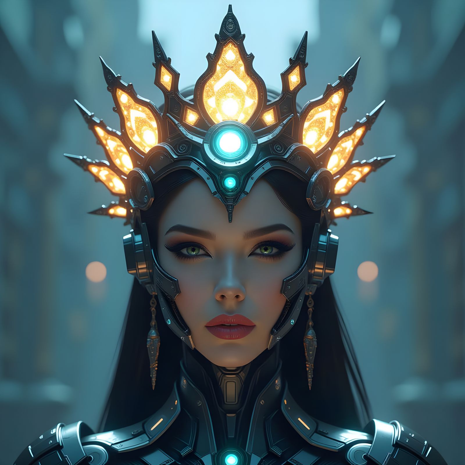 Regal Cyborg Queen with Glowing Futuristic Crown