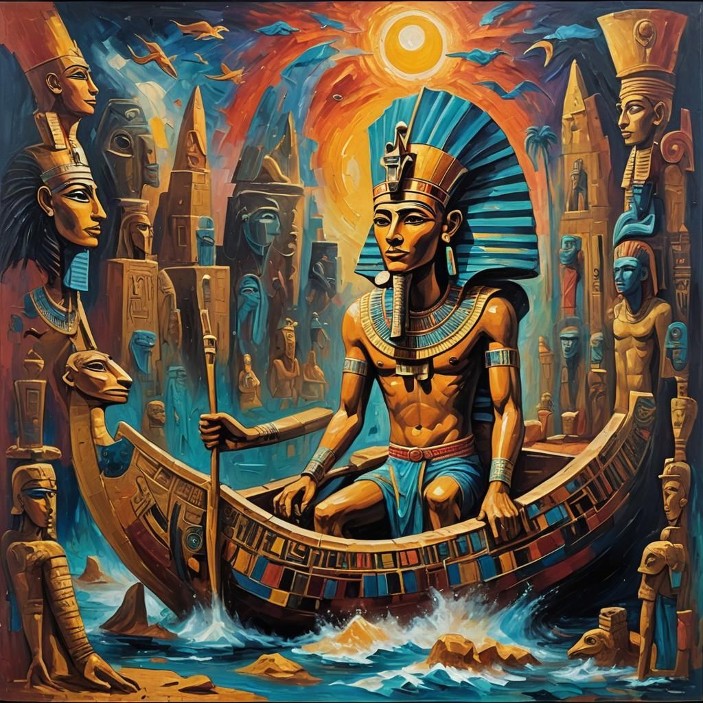 Pharaoh's Underworld Journey: Neo-Expressionist Oil Painting