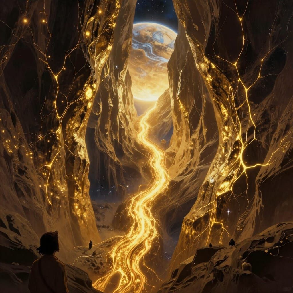 Golden Vein Planet in Cosmic Fantasy Art Style