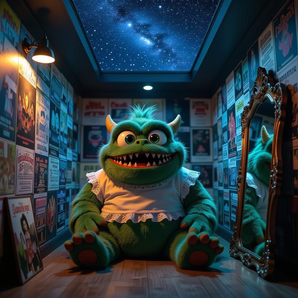 Green Monster in Dimly Lit Room with Starry Sky