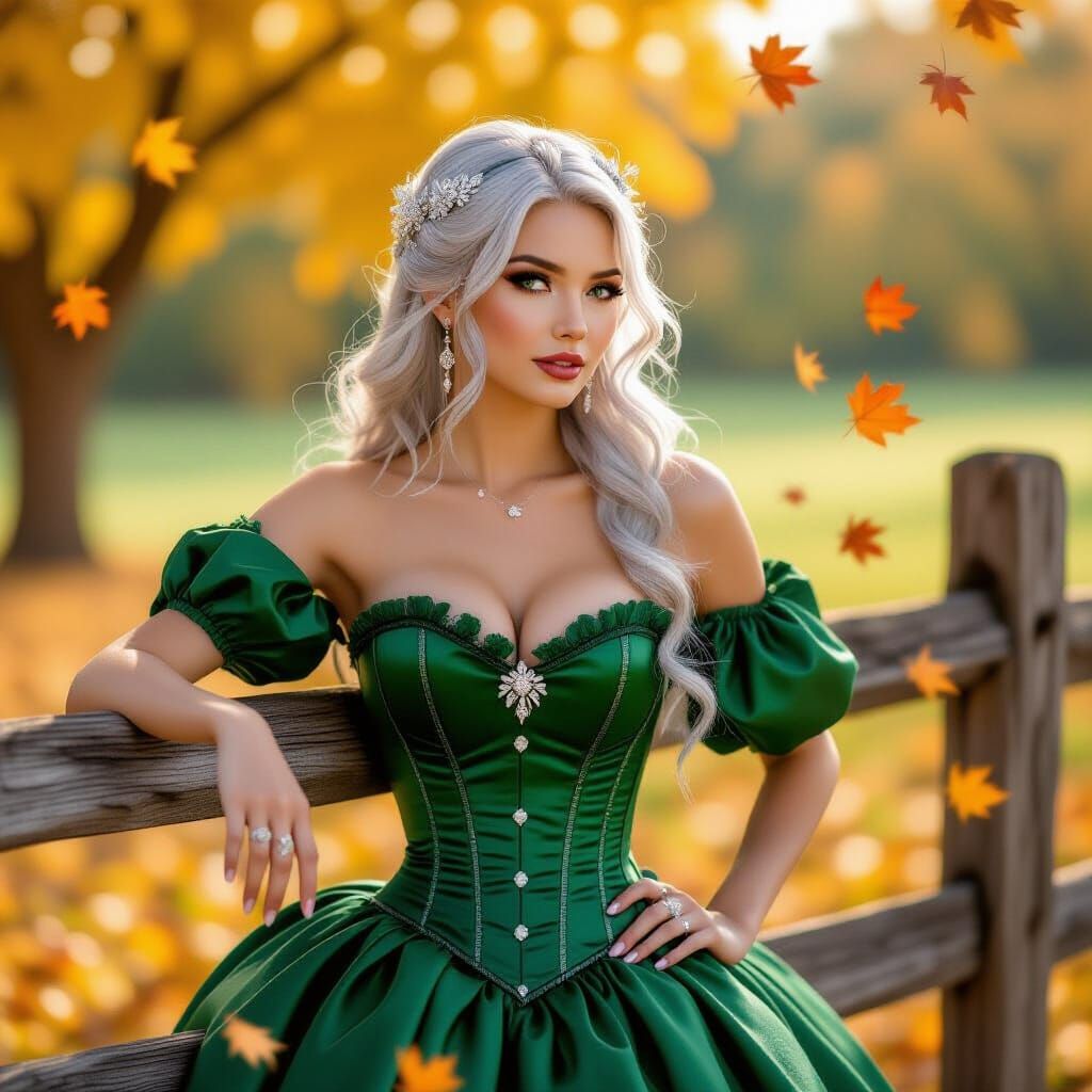 Silver haired Autumn siren with crystal hairpins catching the light, dressed in an green corset gown, leaning on a rusti...