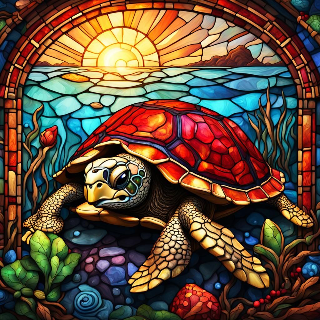 Stained Glass Turtle with Red Shell