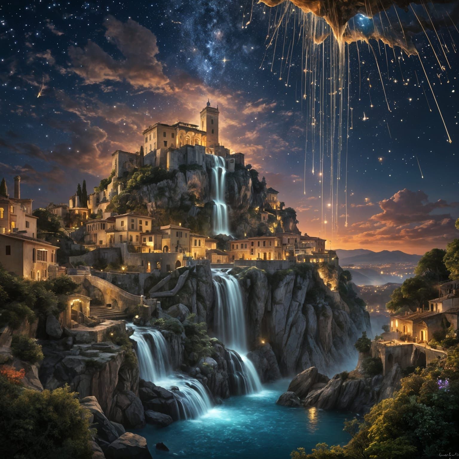 Meteor Shower Over Magic Waterfall Town