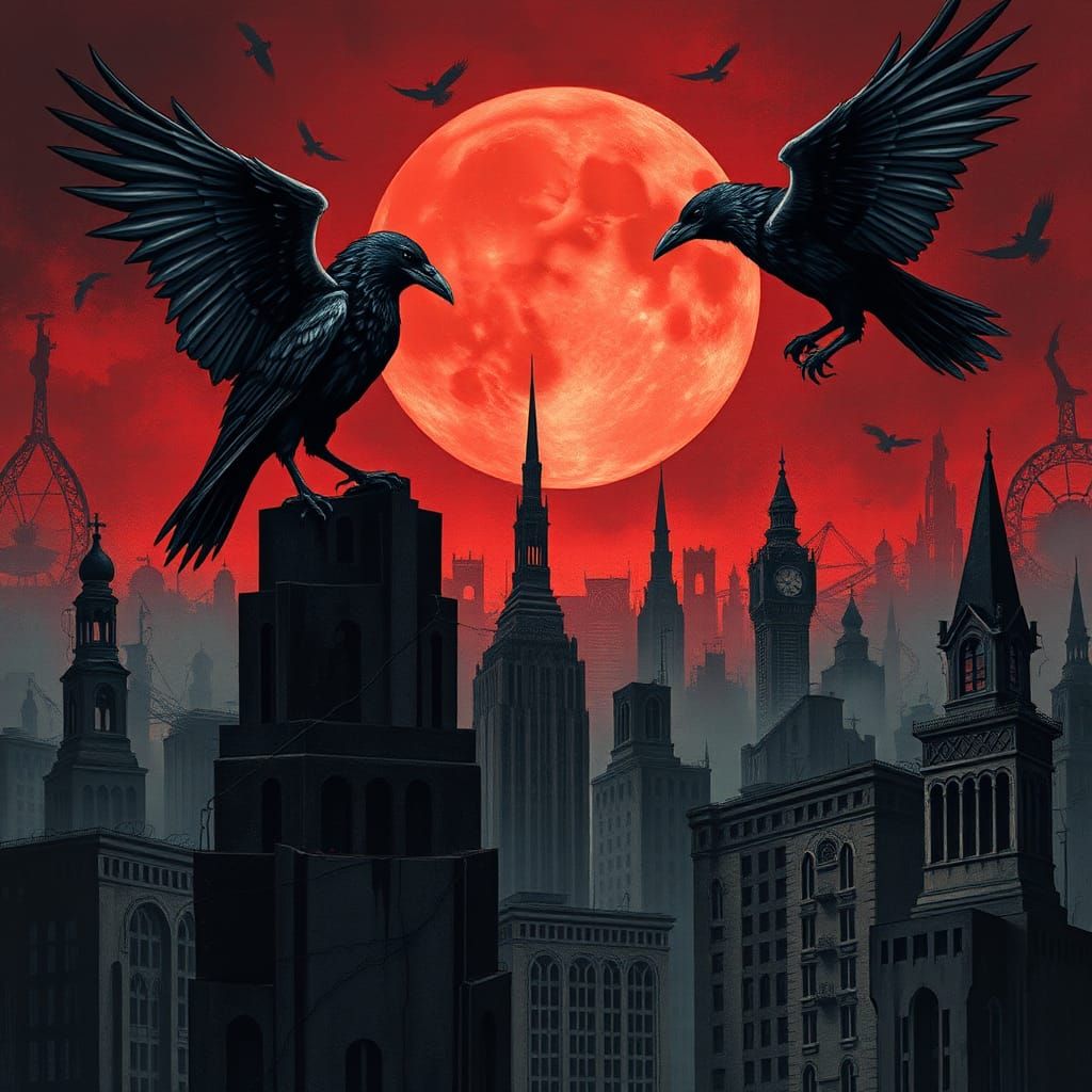 Dystopian Ravens Under Blood Moon, Art Deco Style