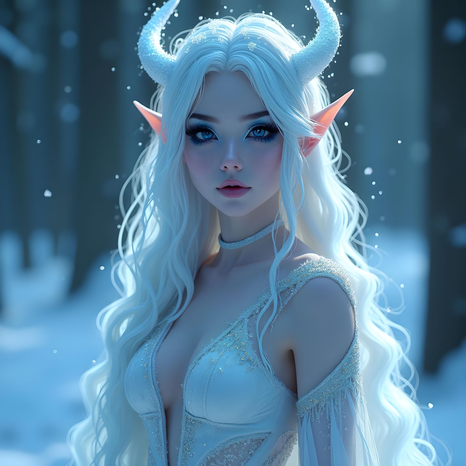 Gorgeous Ice Elf in Snowy Forest, Anime Style