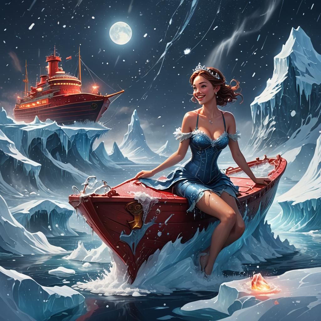 Red Ship on Iceberg with Blue Moon