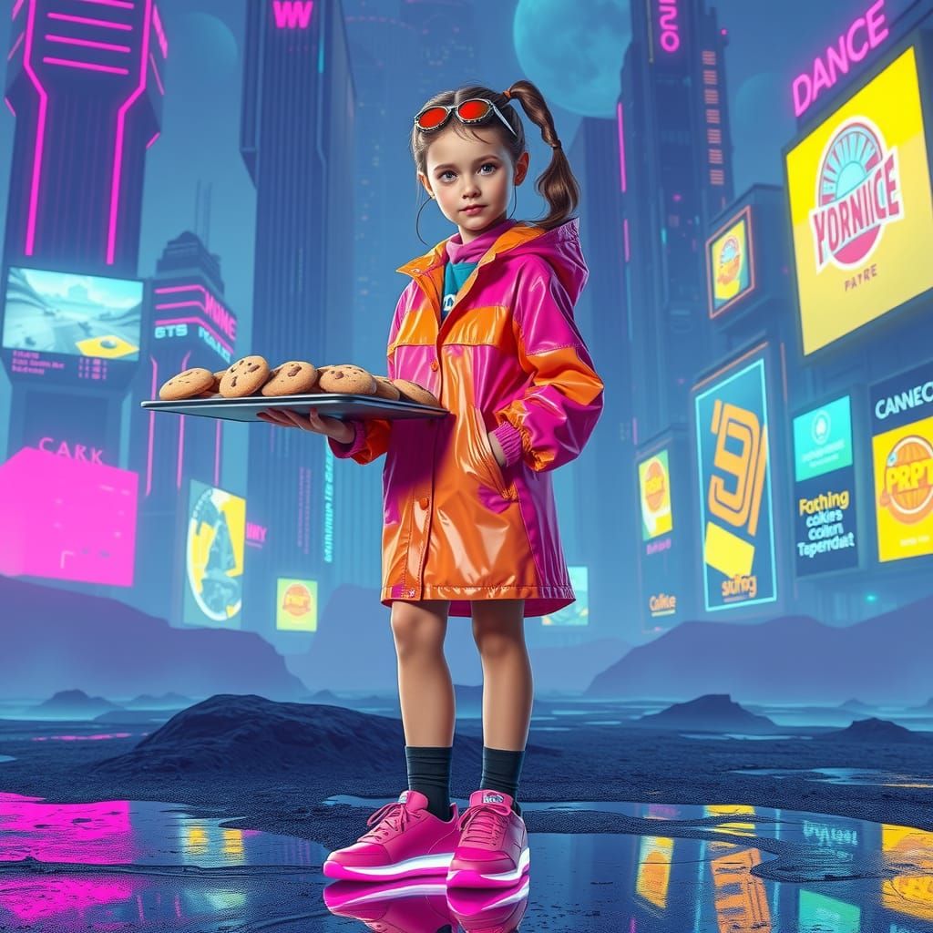 Cyberpunk Girl with Cookies in Futuristic City