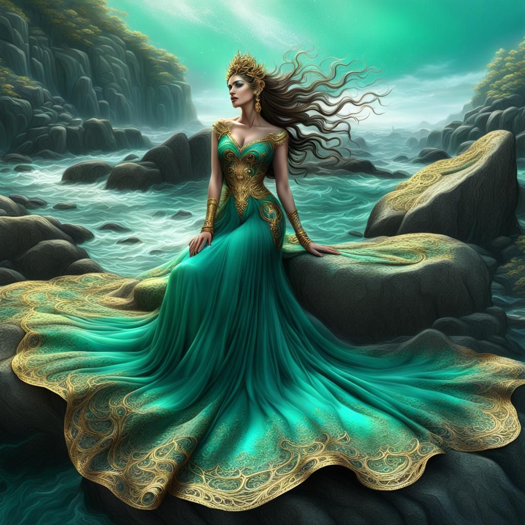 Fractal Art Portrait: Beauty in Sea Green Dress