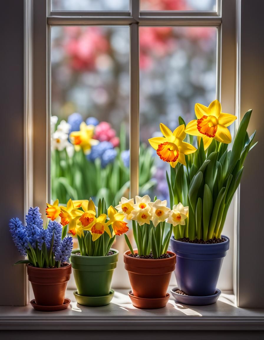 Flower-filled Window in Hyperrealistic Style