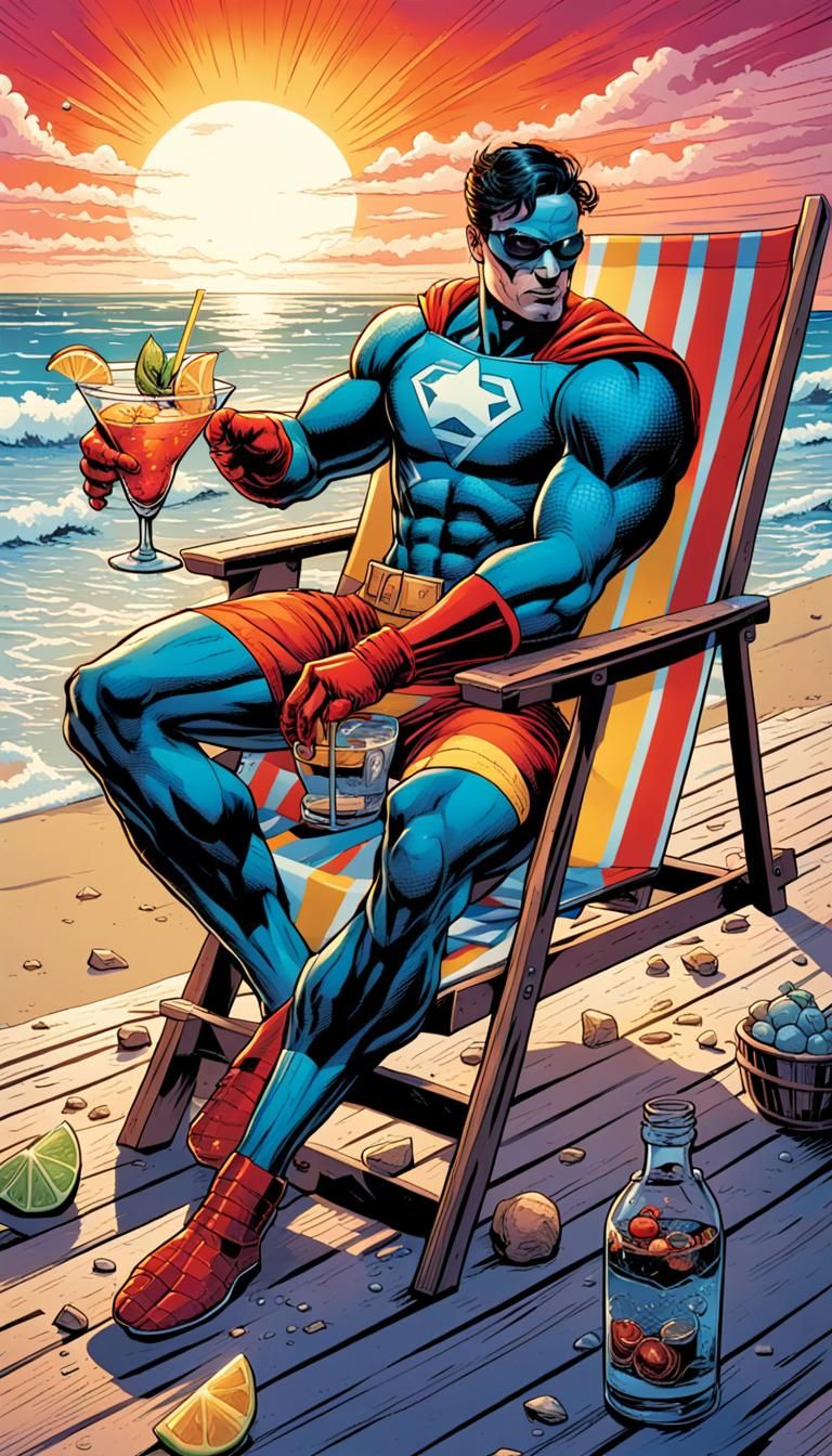 Superhero Relaxing on Beach in Comic Book Style