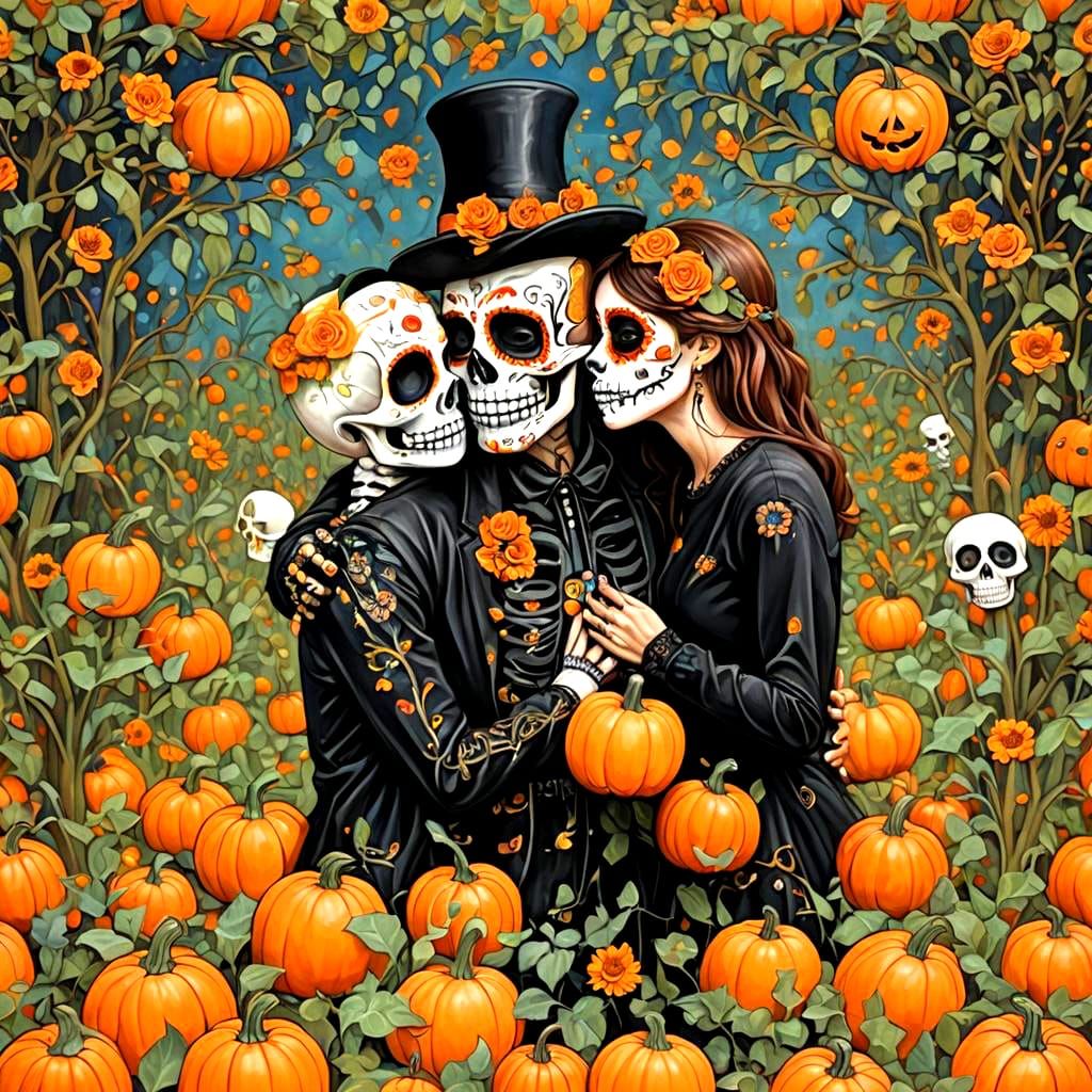 Sugar Skull Couple's Kiss in Oil Painting