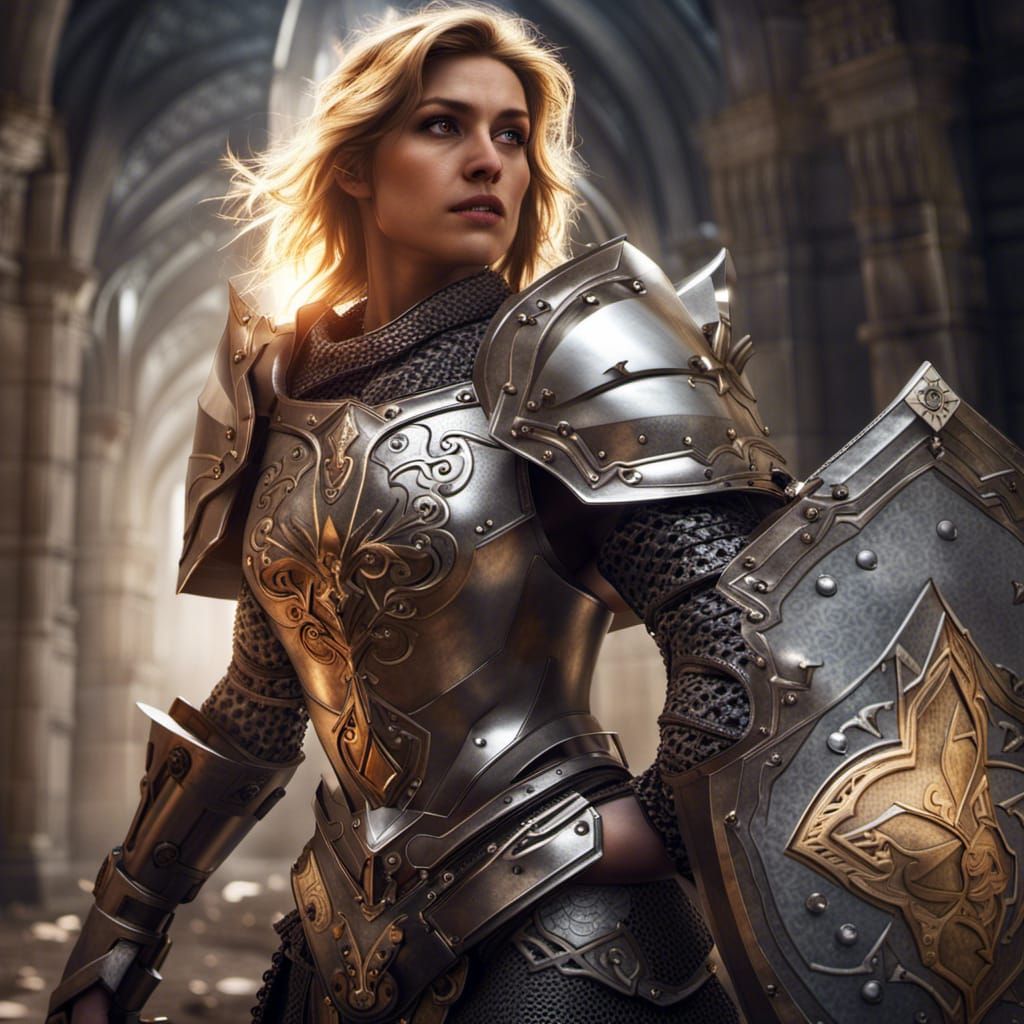 Hyperrealistic Female Paladin with Morningstar and Shield
