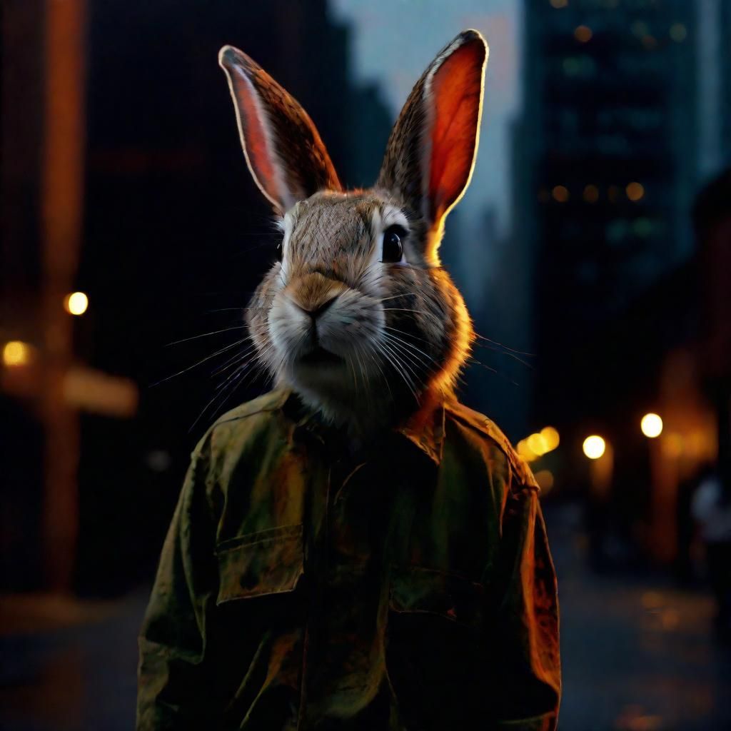 Rabbit in Military Shirt: Twilight Cityscape, Oil Painting