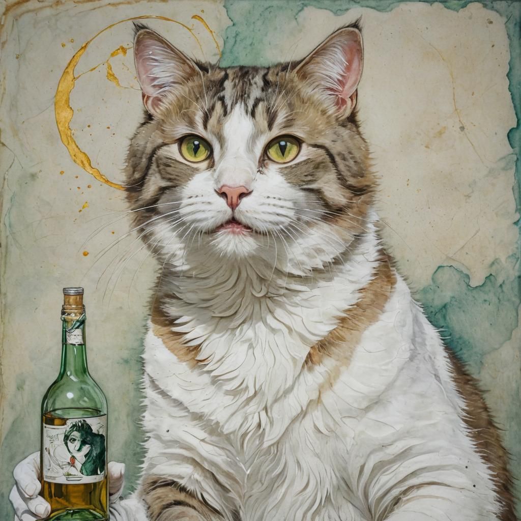 Surreal Self-Portrait with Cat in Alcohol Ink Style