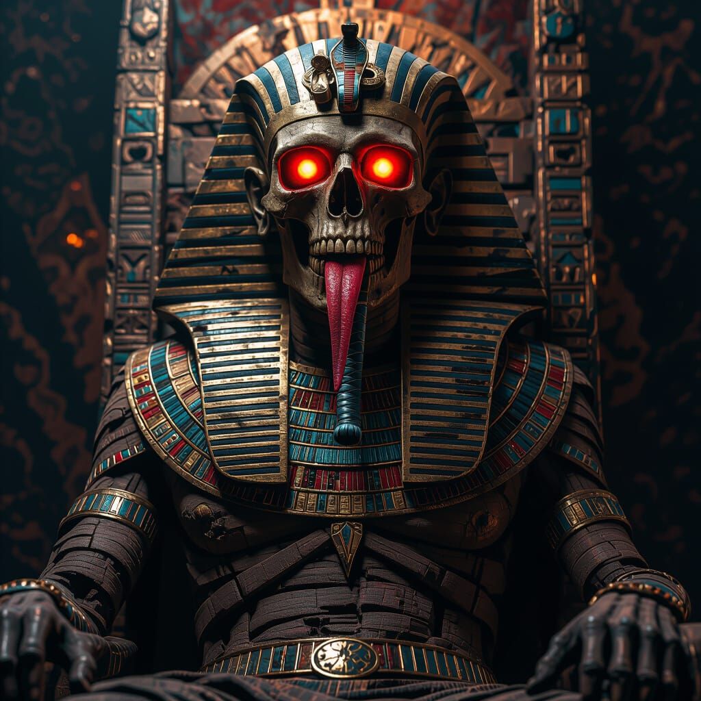 Terrifying Mummified Pharaoh on Throne in Matte Painting Sty...