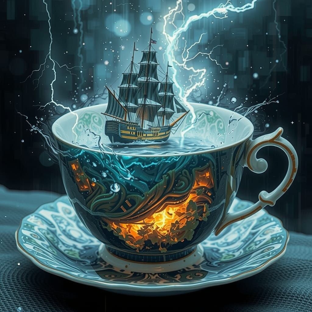 Stormy Teacup: Surreal Abstract Double Exposure