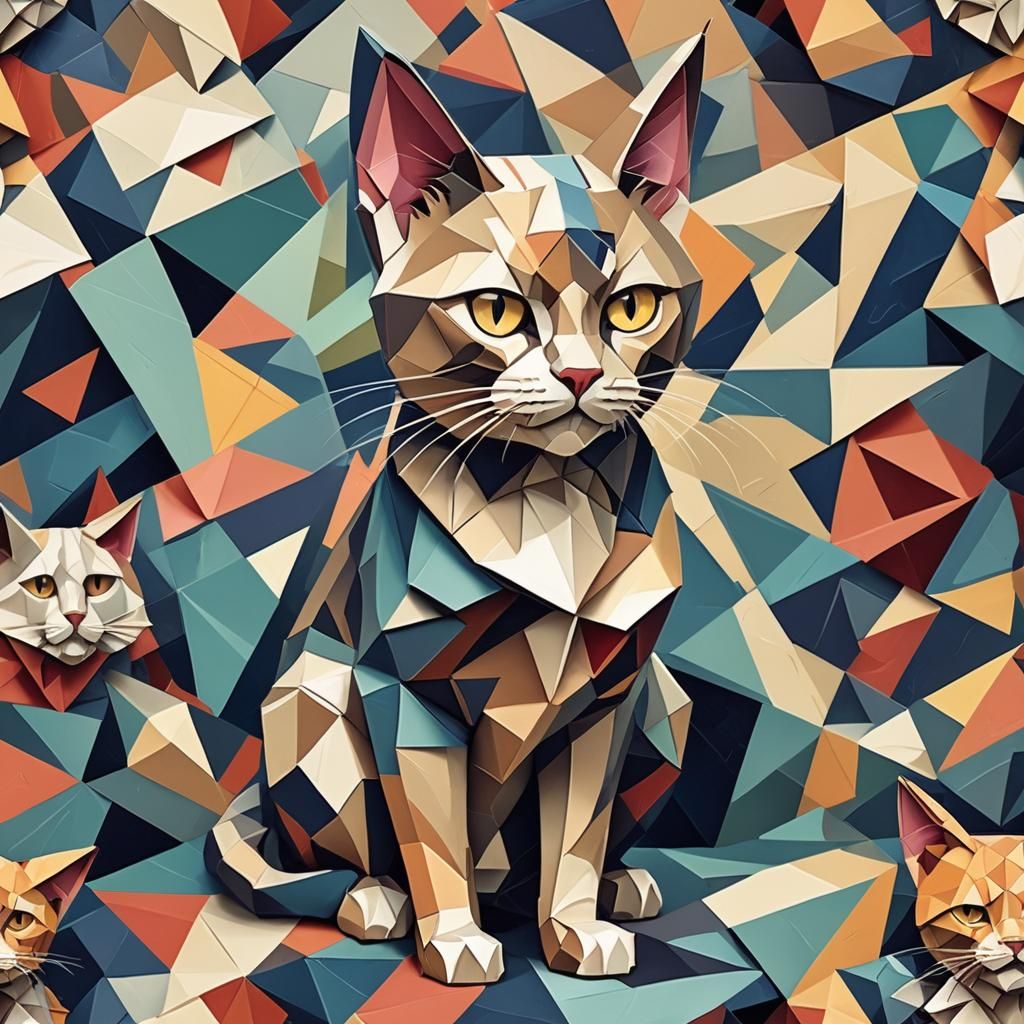 Geometric Cat Origami Sculpture in Cubist Style