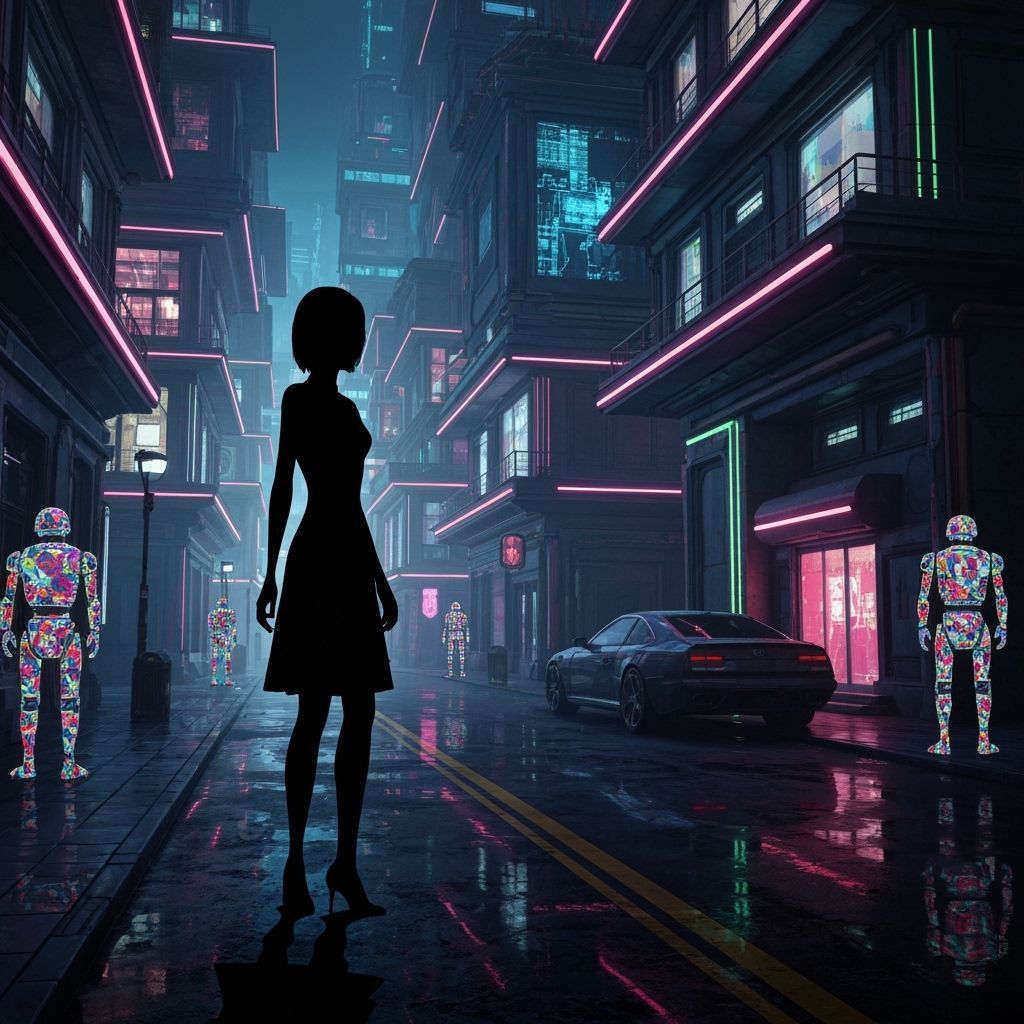 Futuristic Cityscape with Robots in Matte Painting Style