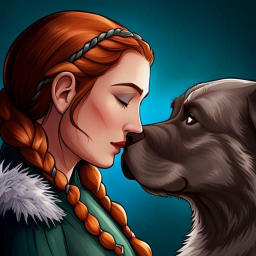 Sansa Stark Affectionately Kisses Cane Corso in Dark Fantasy...