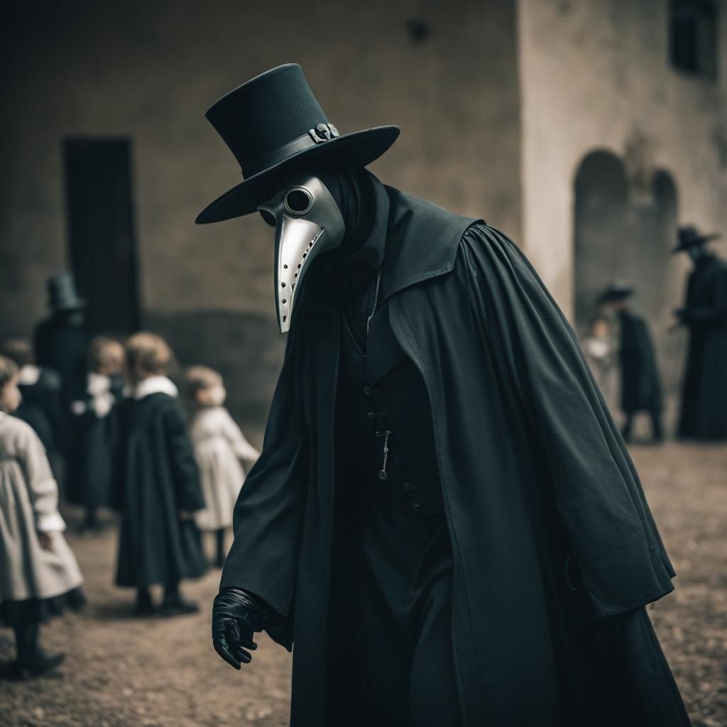 Plague Doctor Cares for Orphans: Blurry Close-up