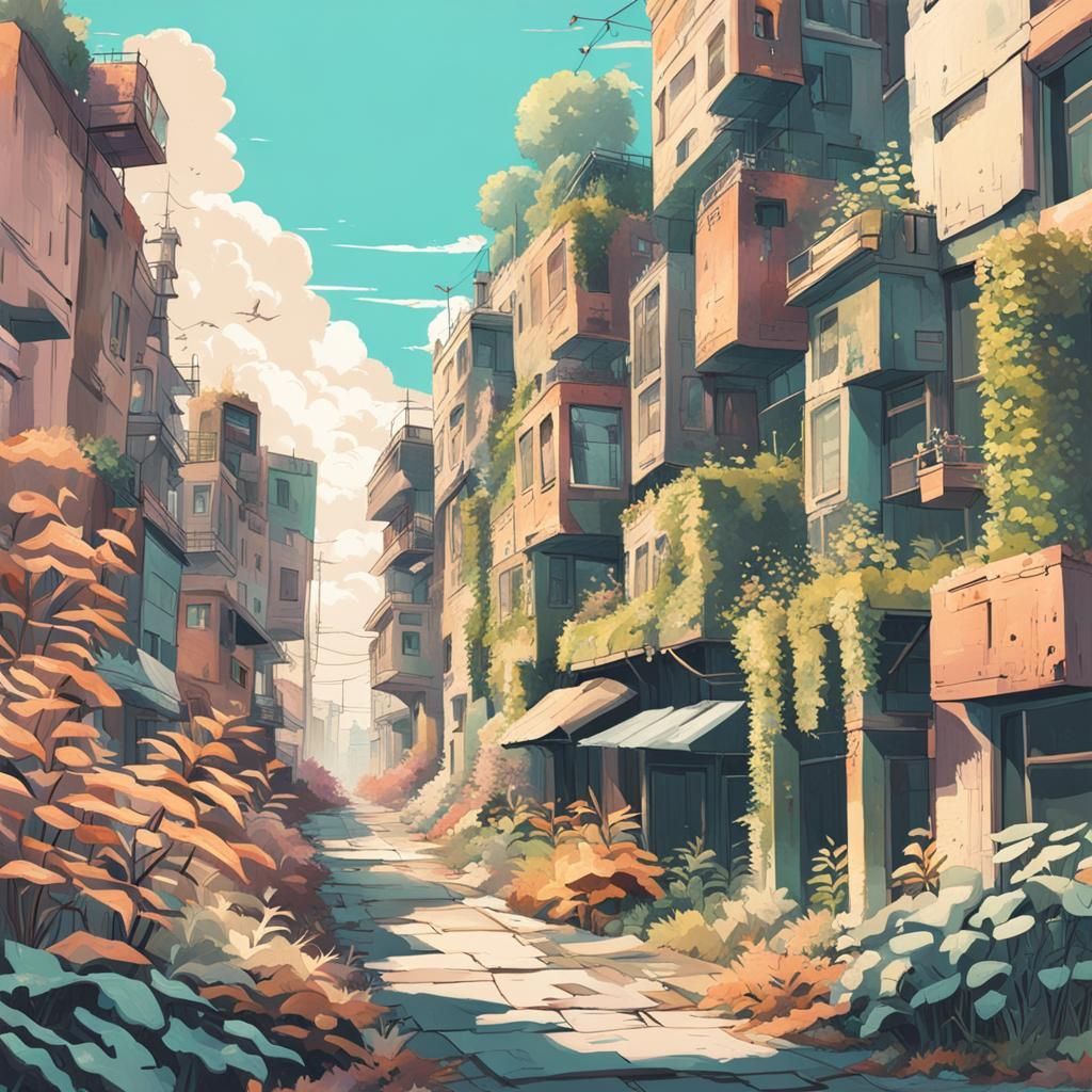 Lofi City Overgrown with Colorful Plants