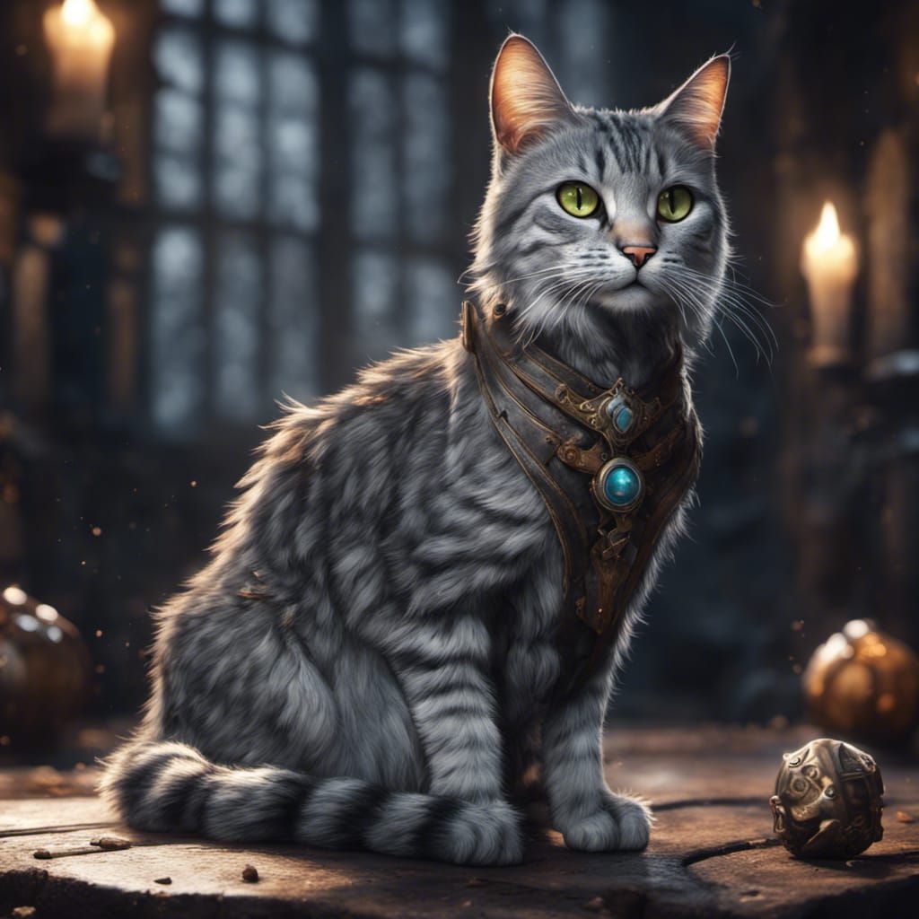 Grey Tabby Cat Familiar in Detailed Fantasy Art