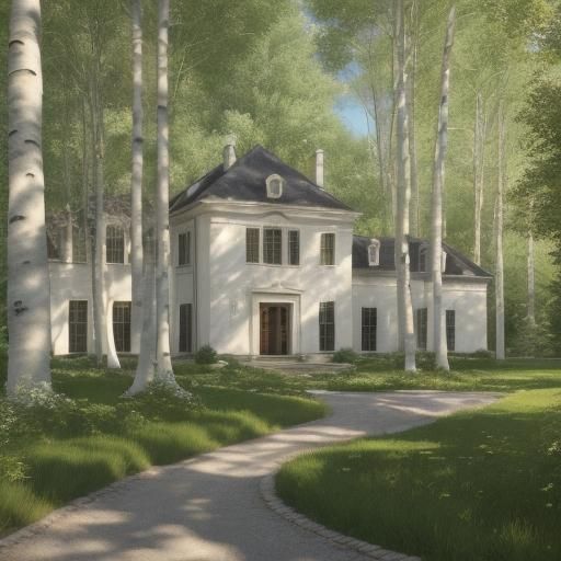 Romanticist Mansion in Birch Grove: Oil Painting