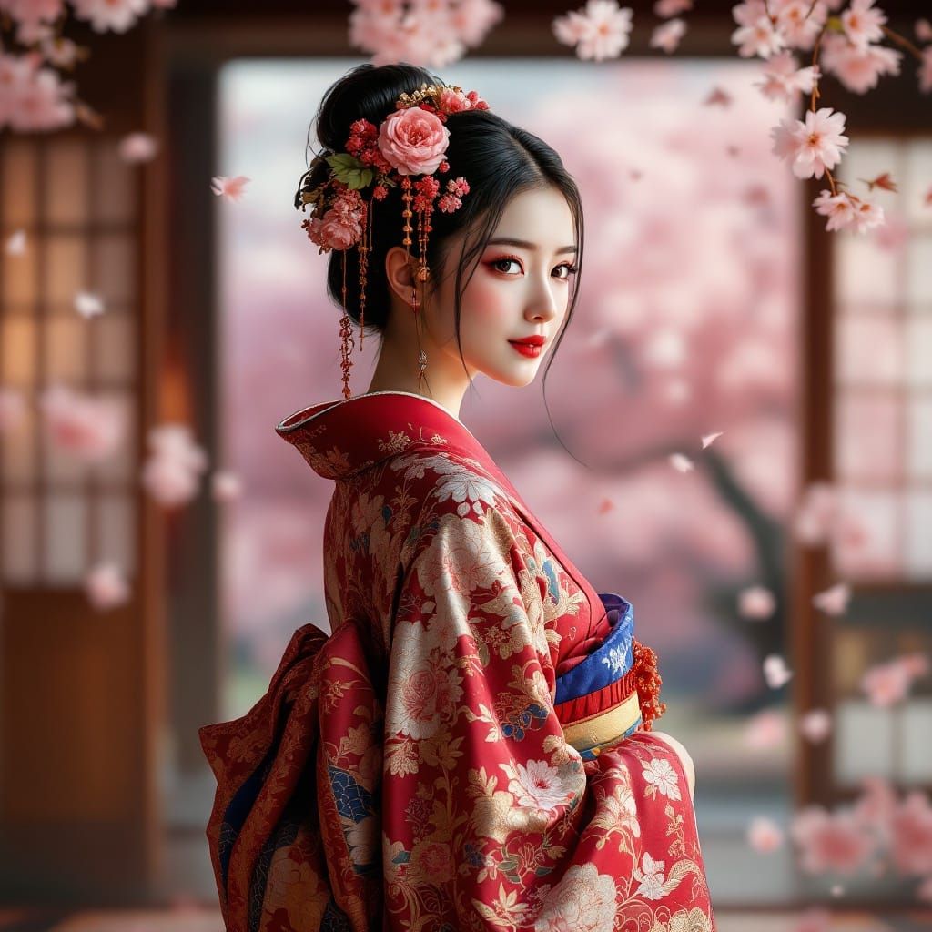 Traditional Japanese Kimono in Serene Garden Setting