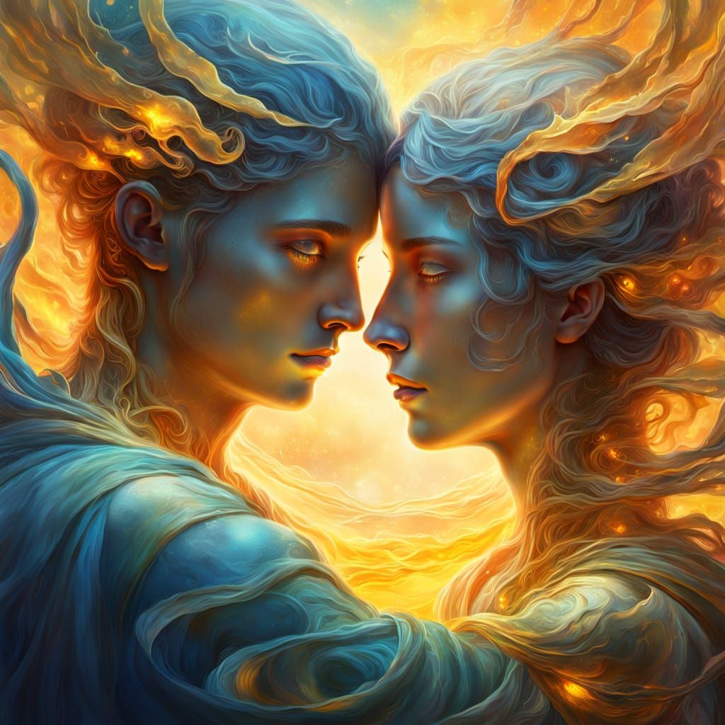 Merging Souls in Surreal Oil Painting