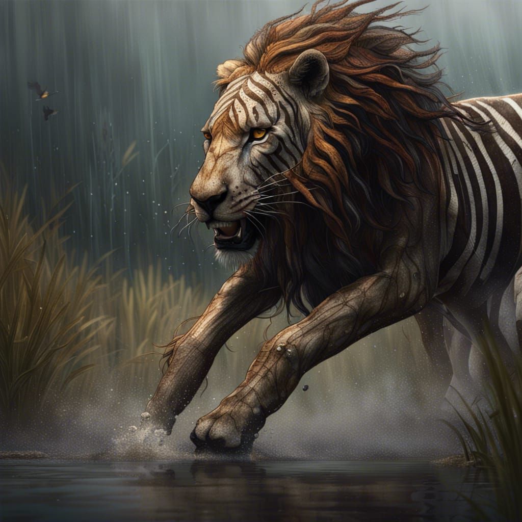 Lion Attacks Zebra in Dark Fantasy Style