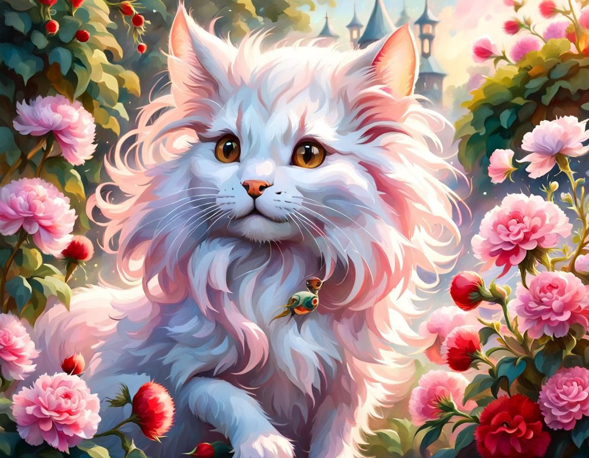 Pink Mouse and Kitten in Floral Garden, Watercolor