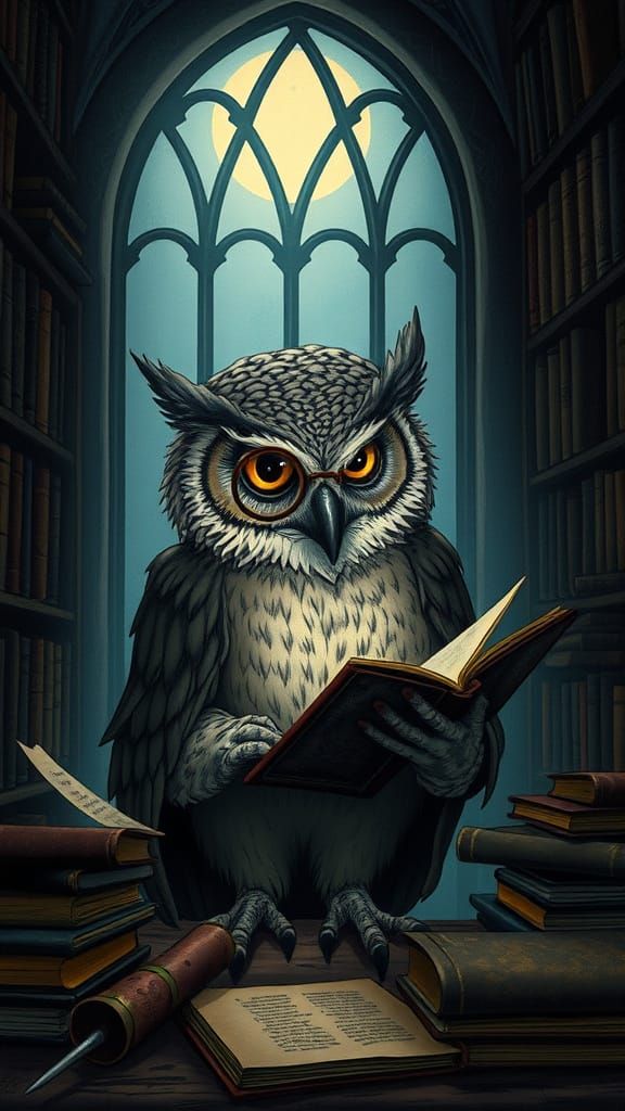 Wise Owl Calligrapher in Ancient Library