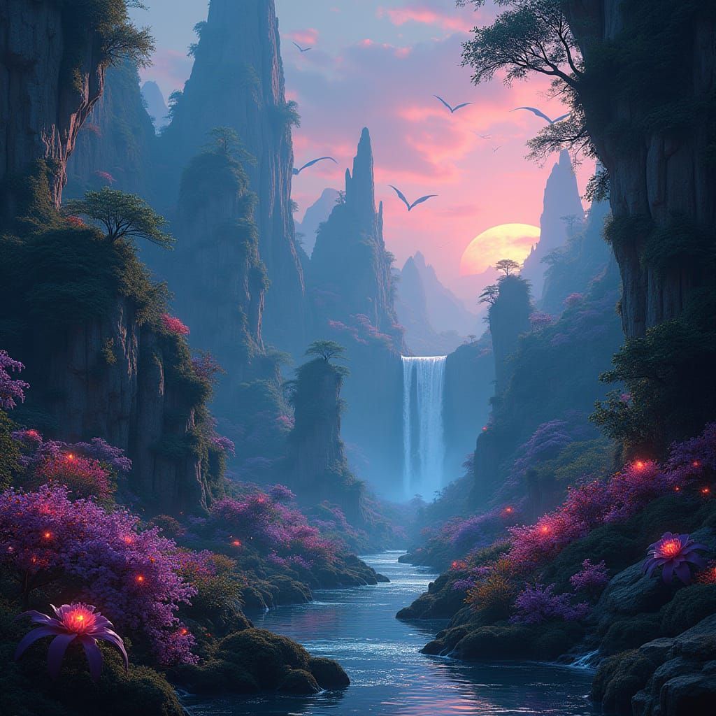 Lush Alien Jungle with Bioluminescent Flora, Matte Painting