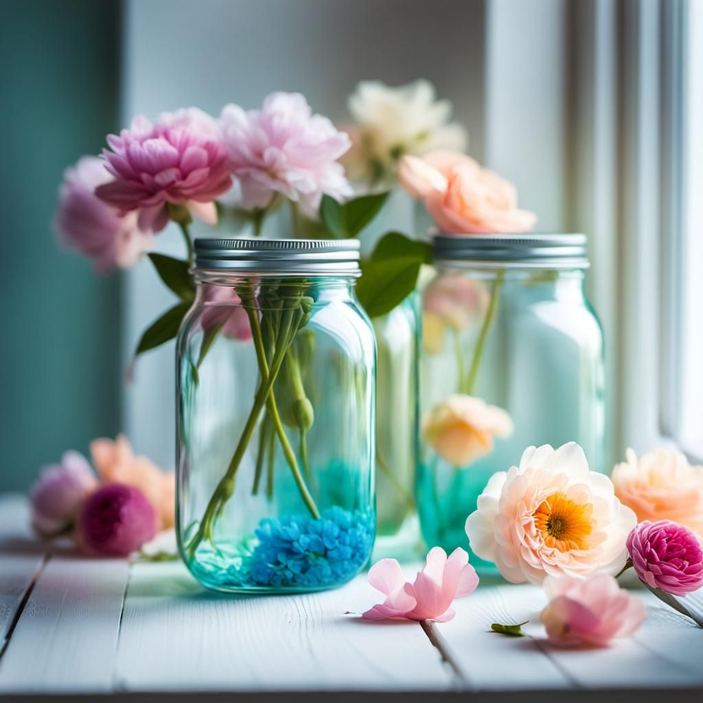 Pastel Flowers in Glass Jars Impressionist Painting