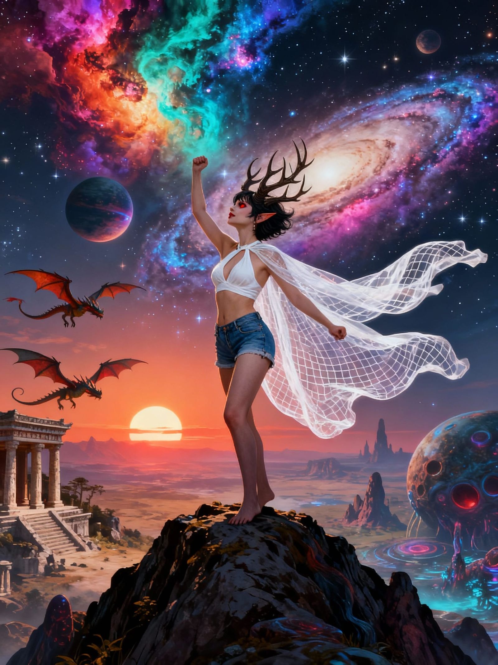 Tiefling Maiden Victorious on Mountain Top with Nebulae