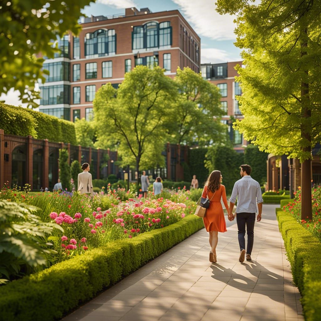 Friends Walking in a Lush City Courtyard