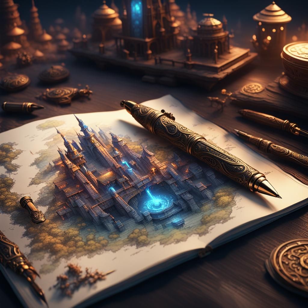 Animated Magical Pen: Detailed Fantasy Concept Art