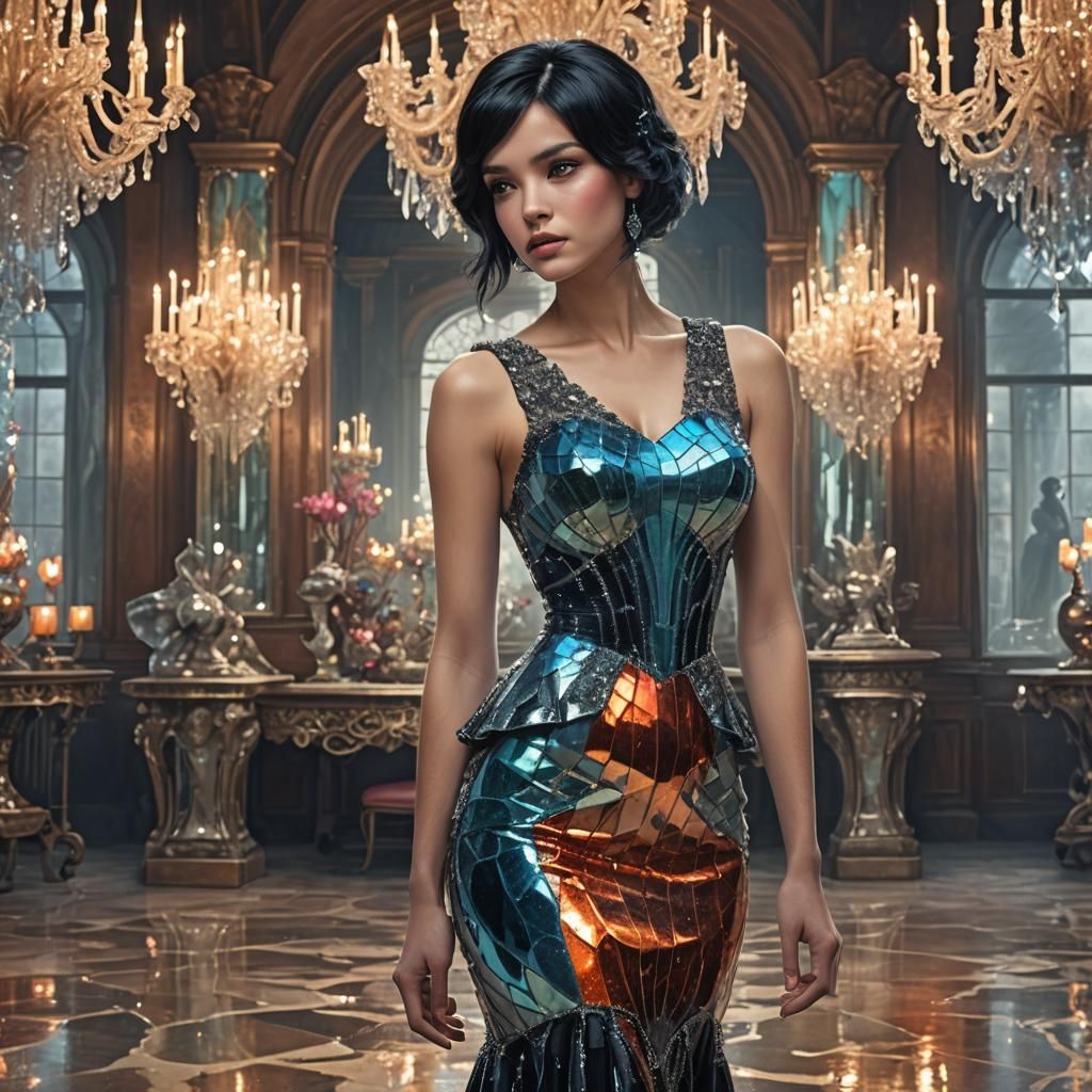 Crystal Dress in a Ballroom, Hyperrealistic Image