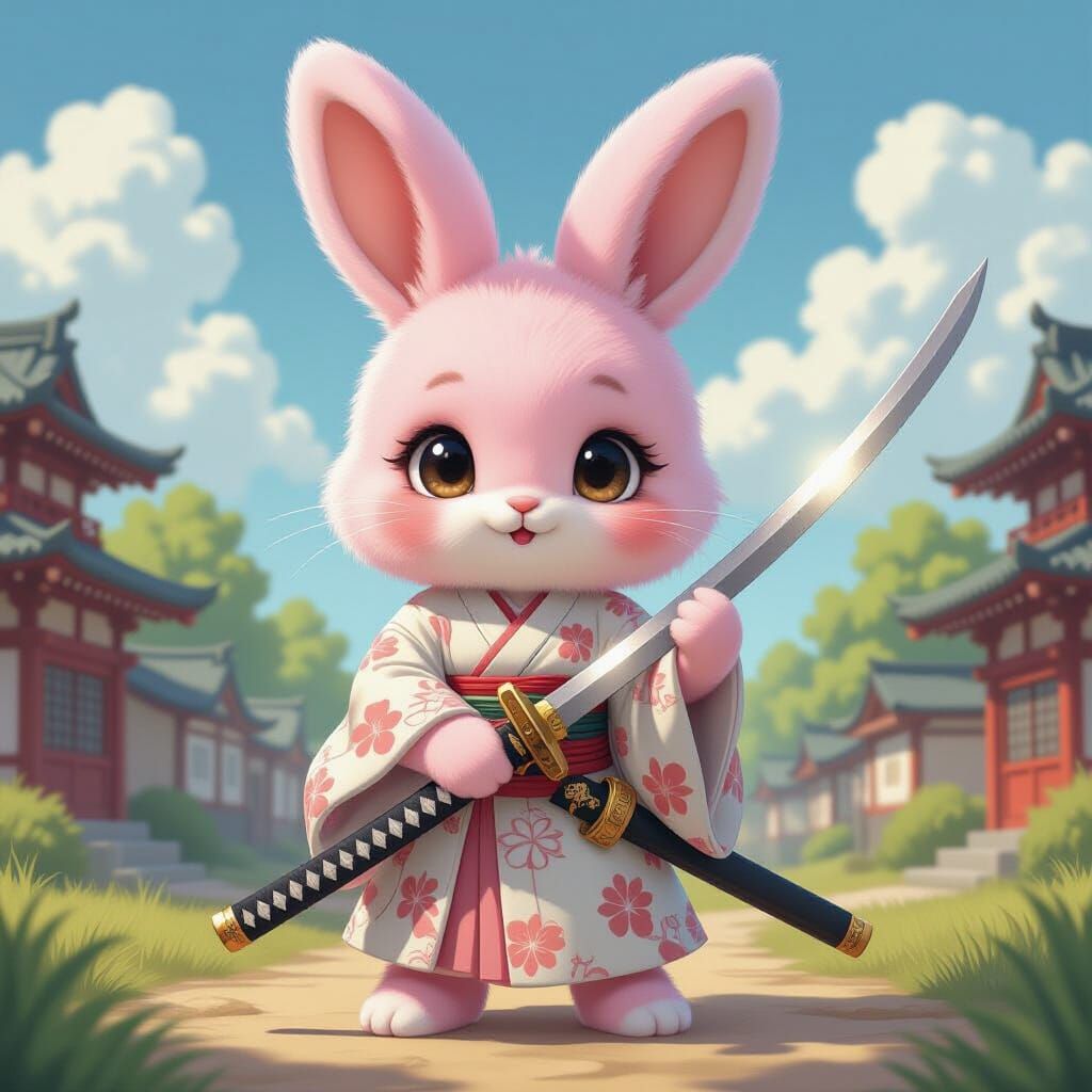 Kawaii Rabbit Samurai in Anime Style with Sword
