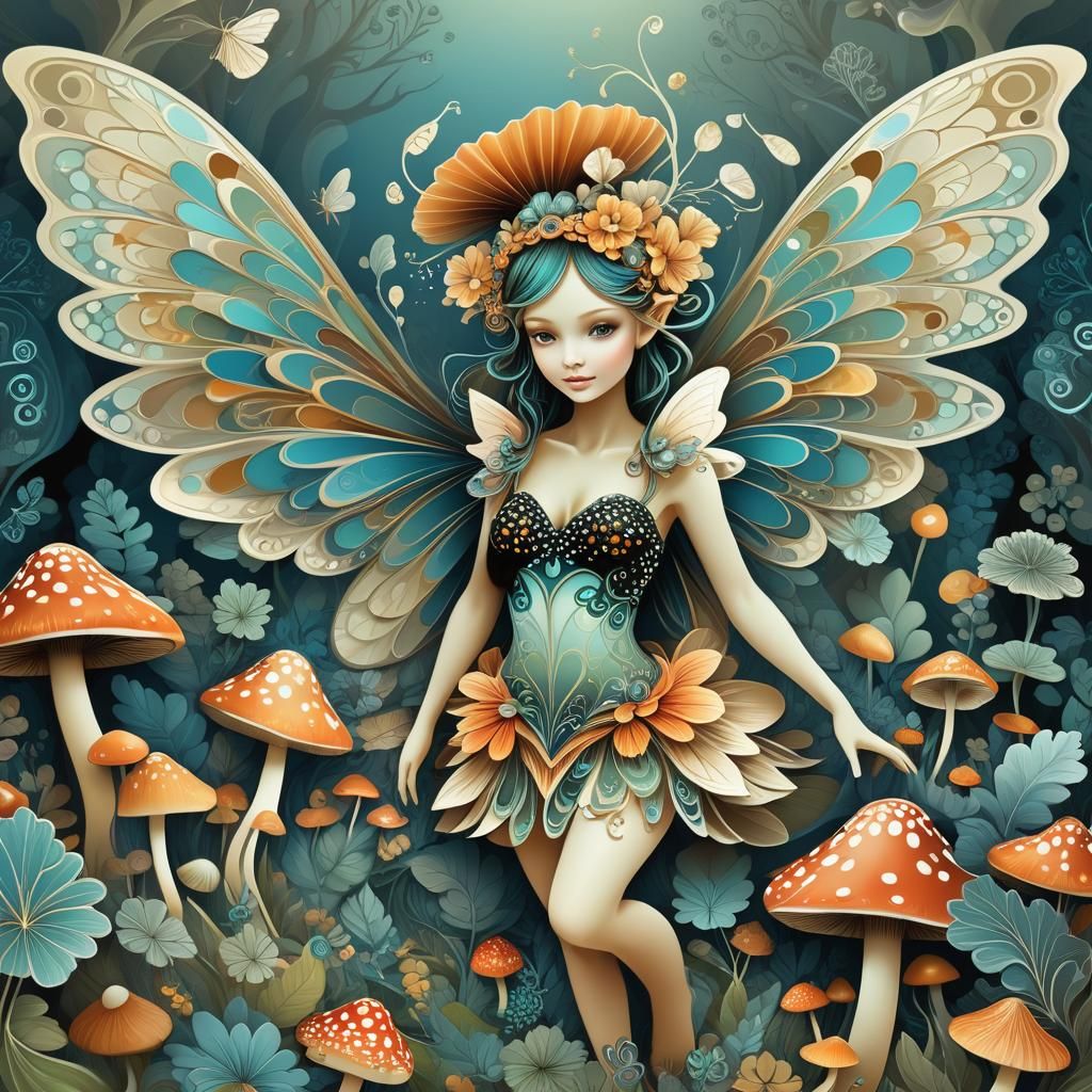 Enchanting Fairy in a Fractal Mushroom Garden