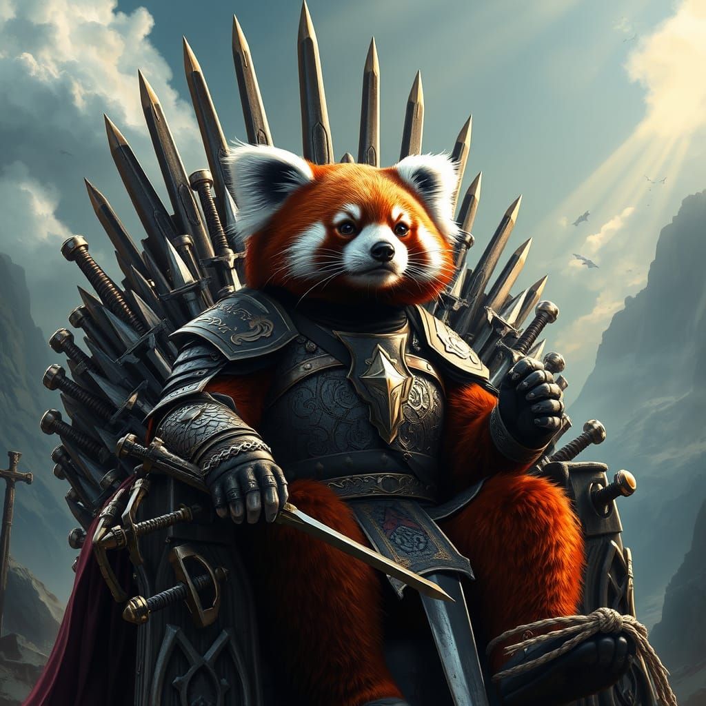 Red Panda Warrior King on Sword Throne